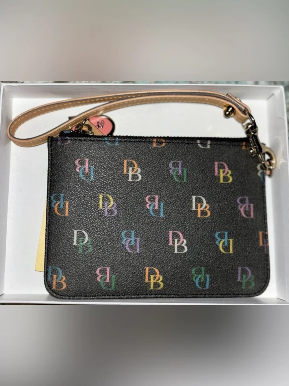 Dooney & Bourke Vintage Black Multicolor Logo Wristlet with Rainbow Zip with Box